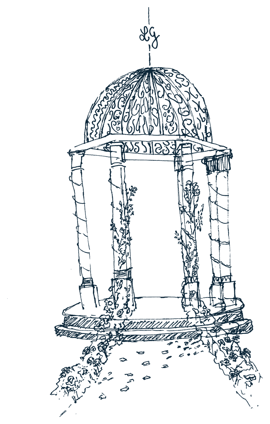 Dessin du kiosque, avec le monogramme L et G